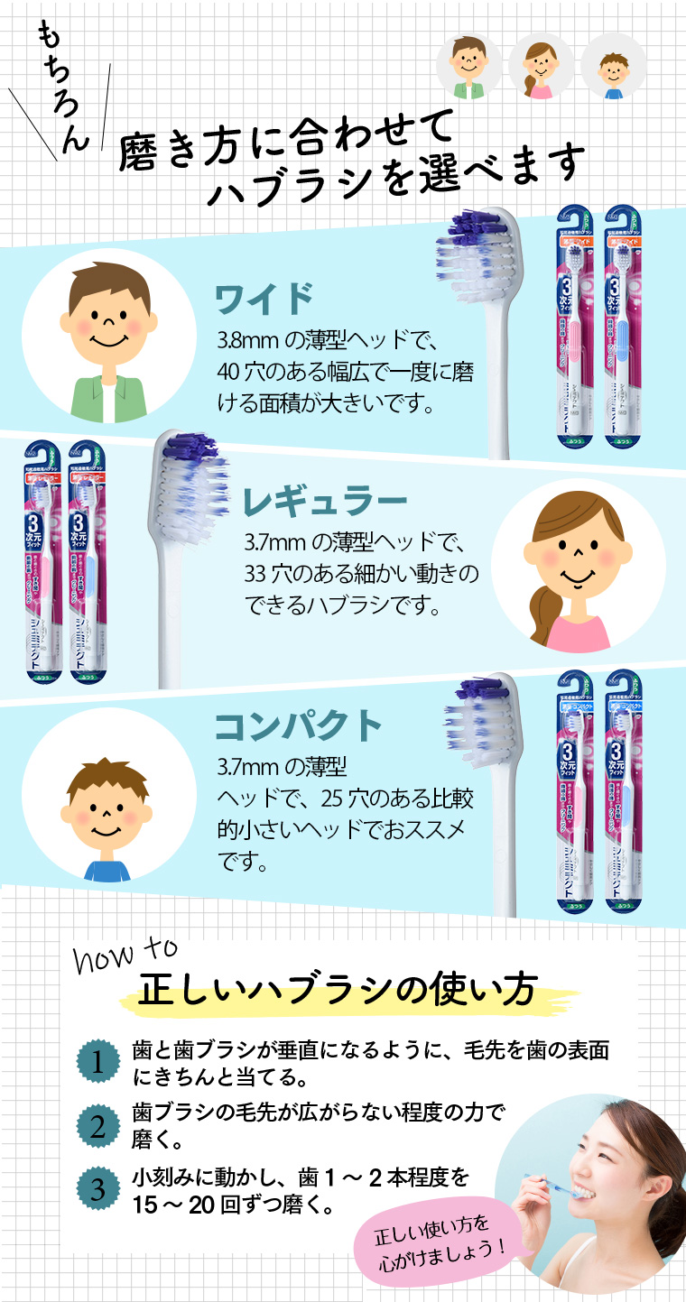 もちろん磨き方に合わせてハブラシを選べます「ワイド」3.8mmの薄型ヘッドで、40穴のある幅広で一度に磨ける面積が大きいです。「レギュラー」3.7mmの薄型ヘッドで、33穴のある幅広で細かい動きのできるハブラシです。「コンパクト」3.7mmの薄型ヘッドで、25穴のある比較的小さいヘッドでおススメです。