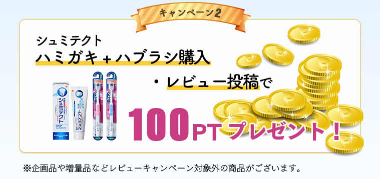 キャンペーン２　シュミテクト ハミガキ+ハブラシ購入・rビュー投稿で100ptプレゼント※企画品や増量品などレビューキャンペーン対象外の商品がございます。