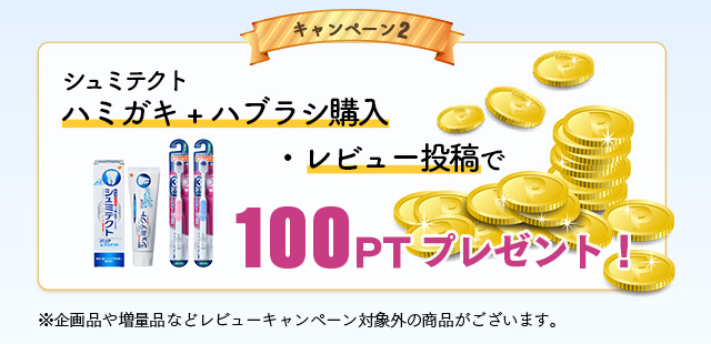 キャンペーン２　シュミテクト ハミガキ+ハブラシ購入・rビュー投稿で100ptプレゼント※企画品や増量品などレビューキャンペーン対象外の商品がございます。
