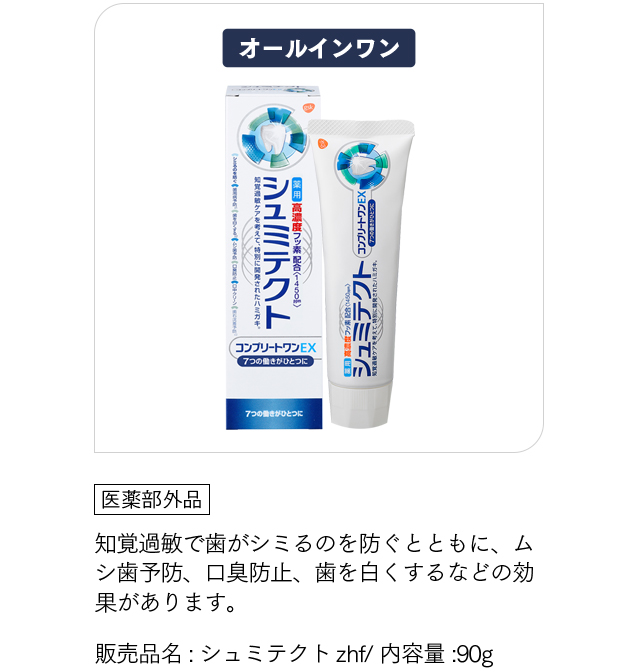 [シュミテクトコンプリートワンEX]「医薬部外品」知覚過敏で歯がシミるのを防ぐとともに、ムシ歯予防、口臭防止、歯を白くするなどの効果があります。販売品名:シュミテクトzhf/ 内容量:90g