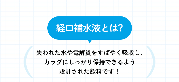 経口補水液とは？　失われた水や電解質をすばやく吸収し、カラダにしっかり保持できるよう設計された飲料です！