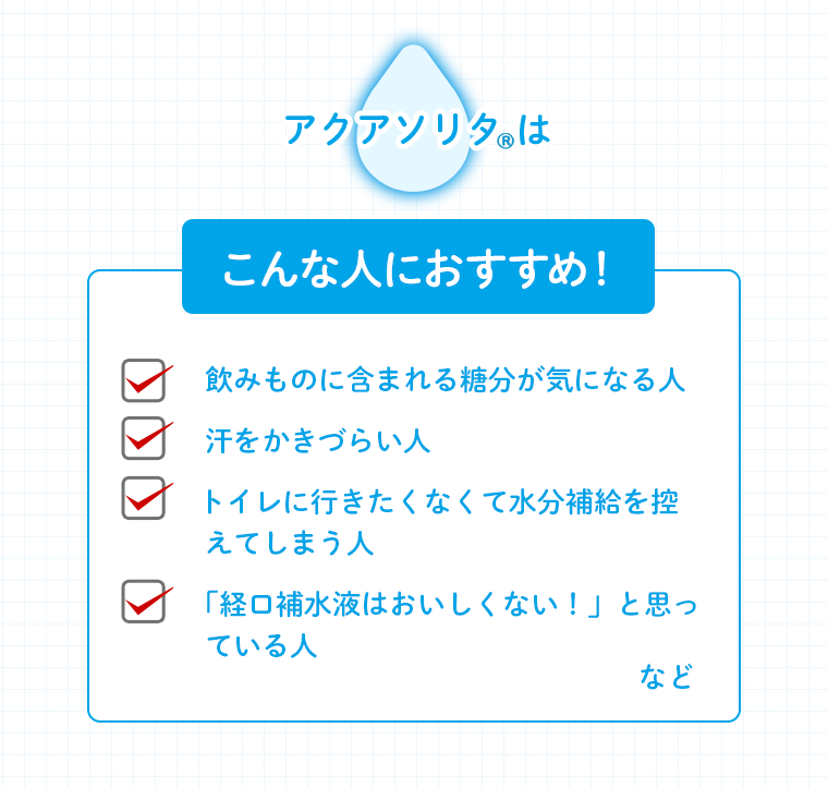 アクアソリタ(R)はこんな人におすすめ 飲みものに含まれる糖分が気になる人 ・汗をかきづらい人 ・トイレに行きたくなくて水分補給を控えてしまう人 ・「経口補水液はおいしくない！」と思っている人 など