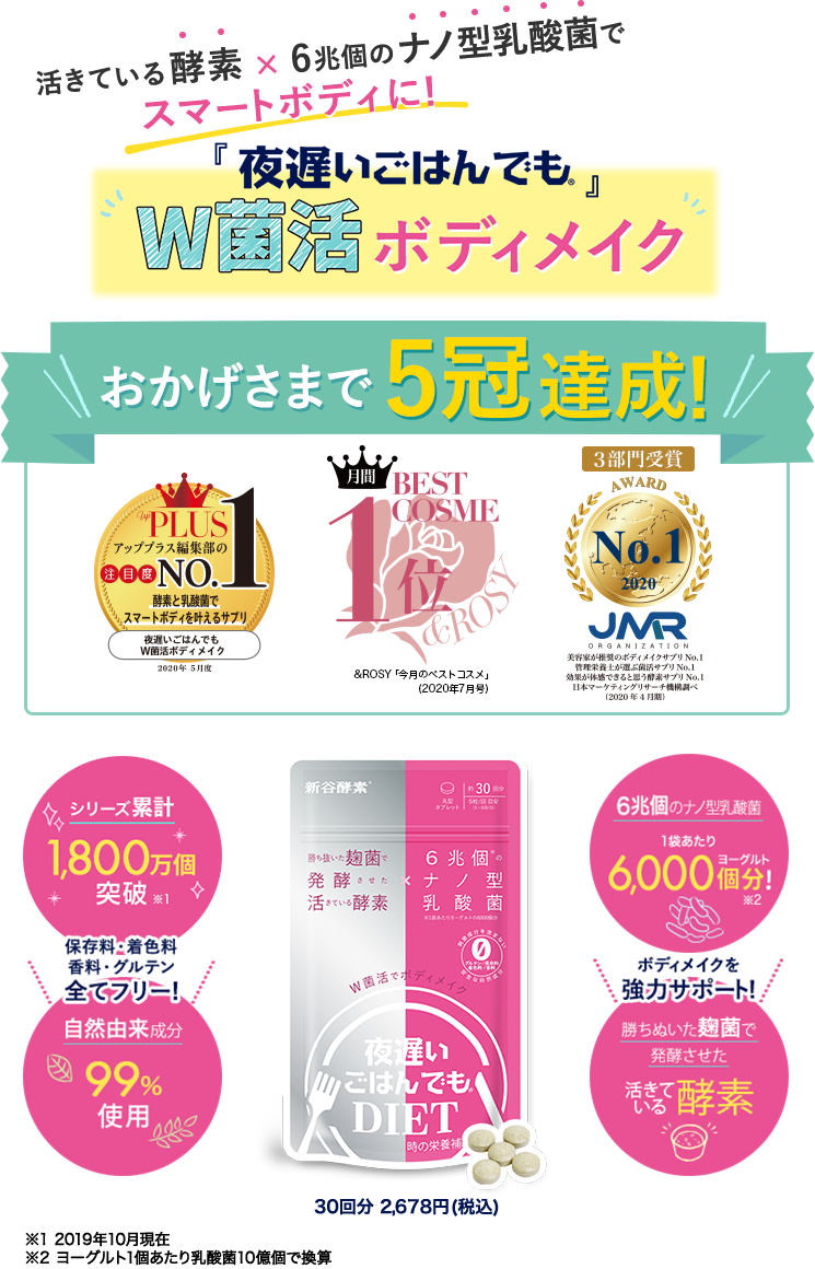 活きている酵素×6兆個のナノ型乳酸菌でスマートボディに!「夜遅いごはんでも」W菌活ボディメイク 30回分 2,678円(税込)