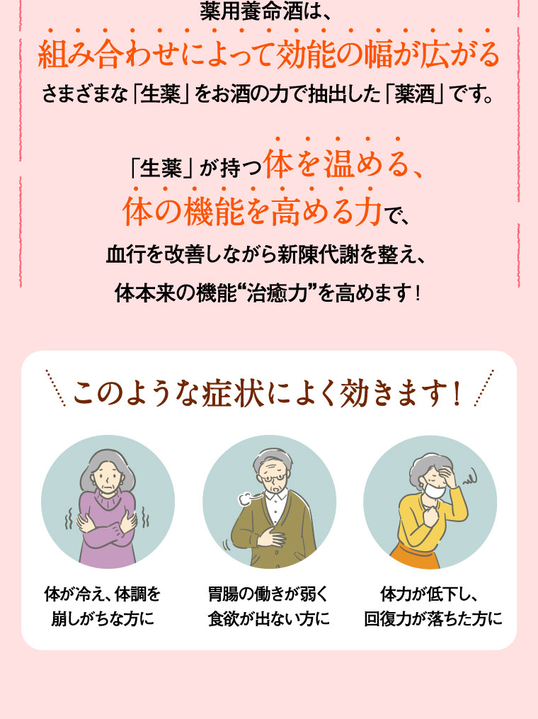薬用養命酒は、組み合わせによって効能の幅が広がるさまざまな「生薬」をお酒の力で抽出した「薬酒」です。「生薬」が持つ体を温める、体の機能を高める力で、血行を改善しながら新陳代謝を整え、体本来の機能”治癒力”を高めます！