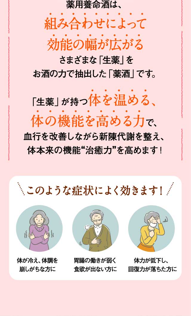 薬用養命酒は、組み合わせによって効能の幅が広がるさまざまな「生薬」をお酒の力で抽出した「薬酒」です。「生薬」が持つ体を温める、体の機能を高める力で、血行を改善しながら新陳代謝を整え、体本来の機能”治癒力”を高めます！