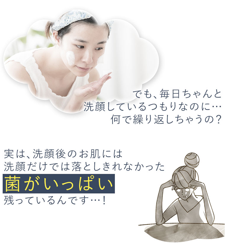でも、毎日ちゃんと洗顔しているつもりなのに…何で繰り返しちゃうの？実は、洗顔後のお肌には洗顔だけでは落としきれなかった菌がいっぱい残っているんです…！