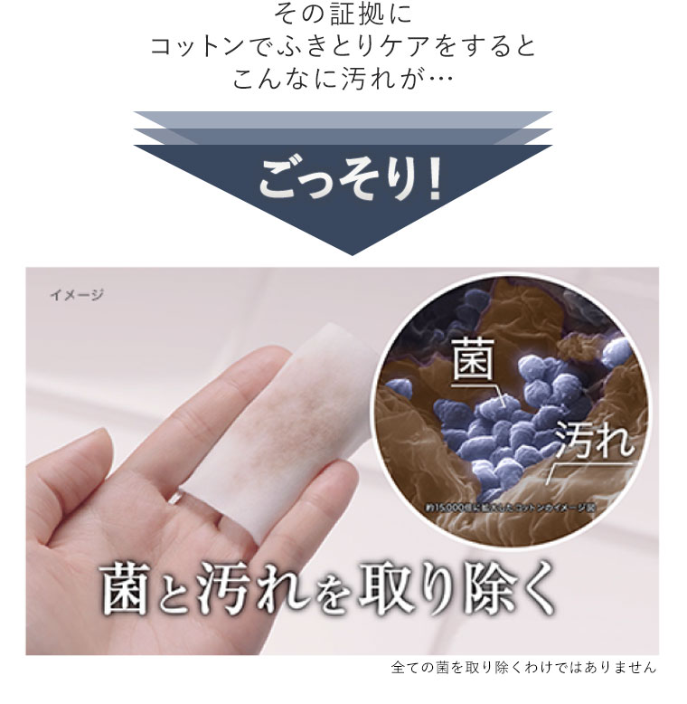 その証拠にコットンでふきとりケアをするとこんなに汚れが…ごっそり！