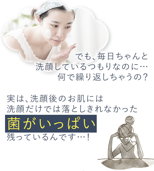 でも、毎日ちゃんと洗顔しているつもりなのに…何で繰り返しちゃうの？実は、洗顔後のお肌には洗顔だけでは落としきれなかった菌がいっぱい残っているんです…！