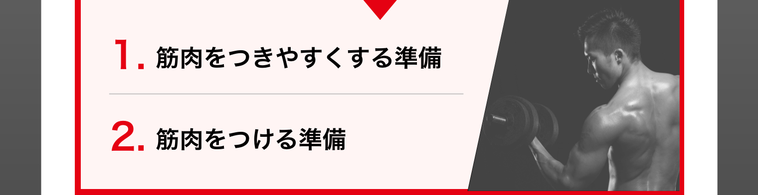 1.筋肉をつきやすくする準備 2.筋肉をつける準備