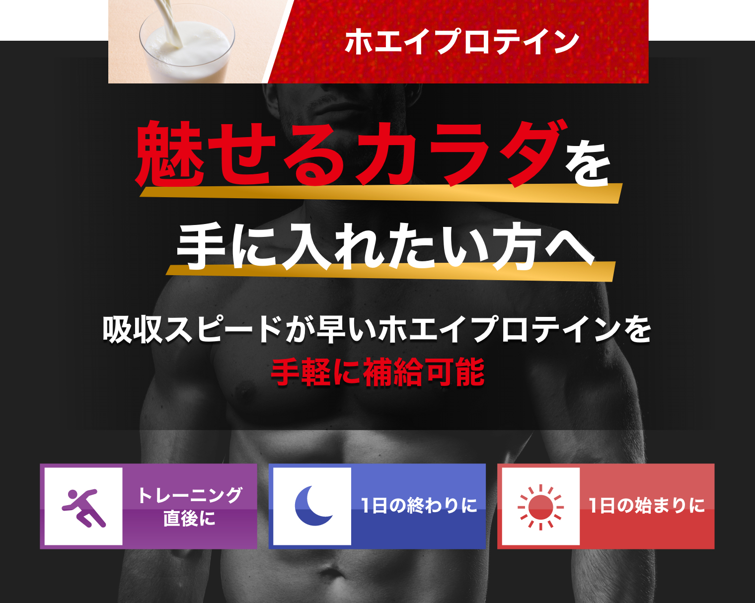 ホエイプロテイン 魅せるカラダを手に入れたい方へ 吸収スピードが早いホエイプロテインを手軽に補給可能