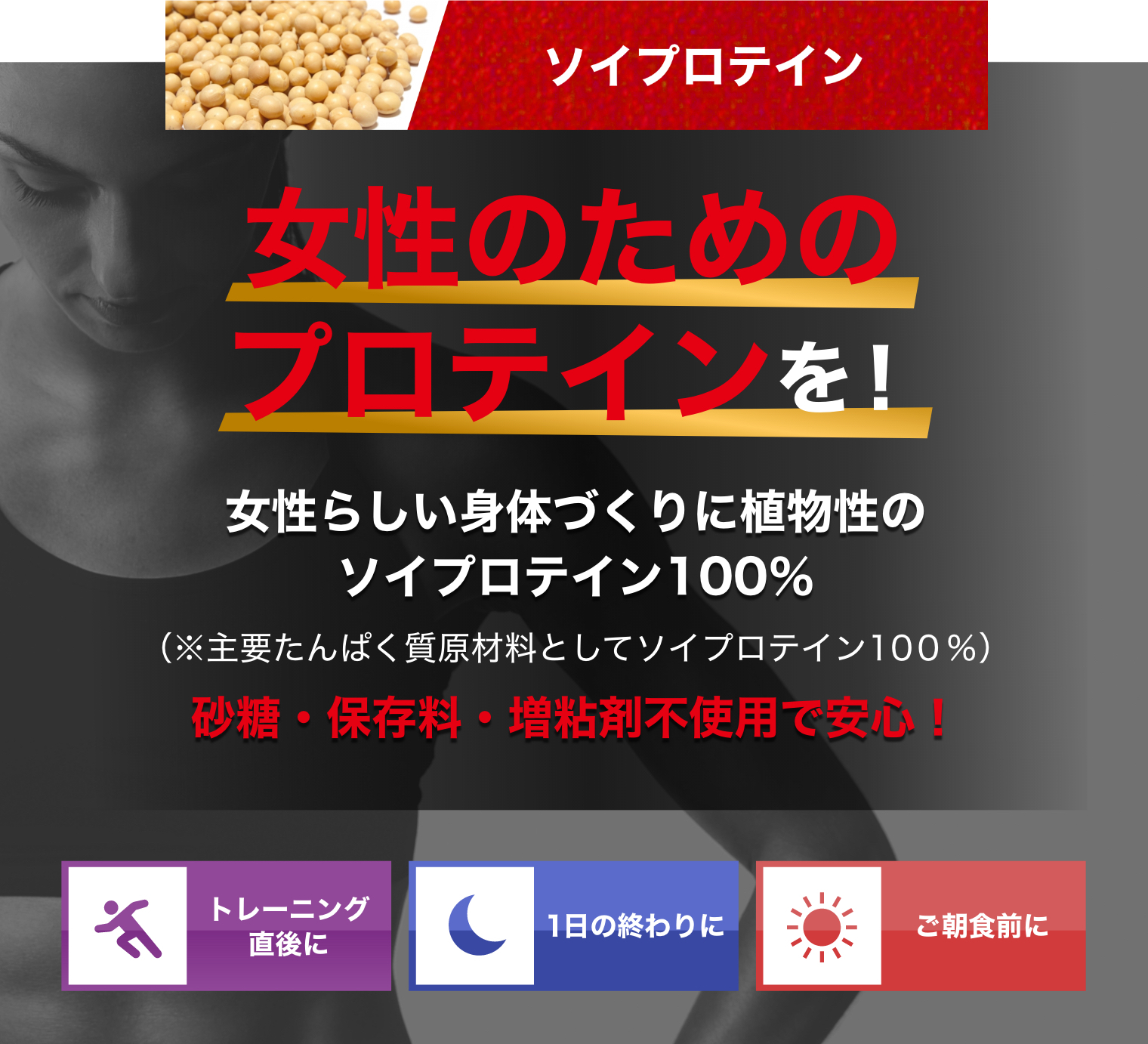 ソイプロテイン 女性のためのプロテインを！女性らしい身体づくりに植物性のソイプロテイン100％