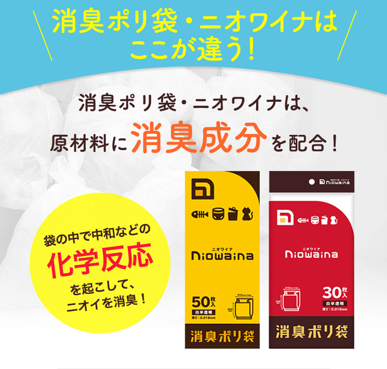 消臭ポリ袋・ニオワイナはここが違う！消臭ポリ袋・ニオワイナは、原材料に消臭成分を配合！