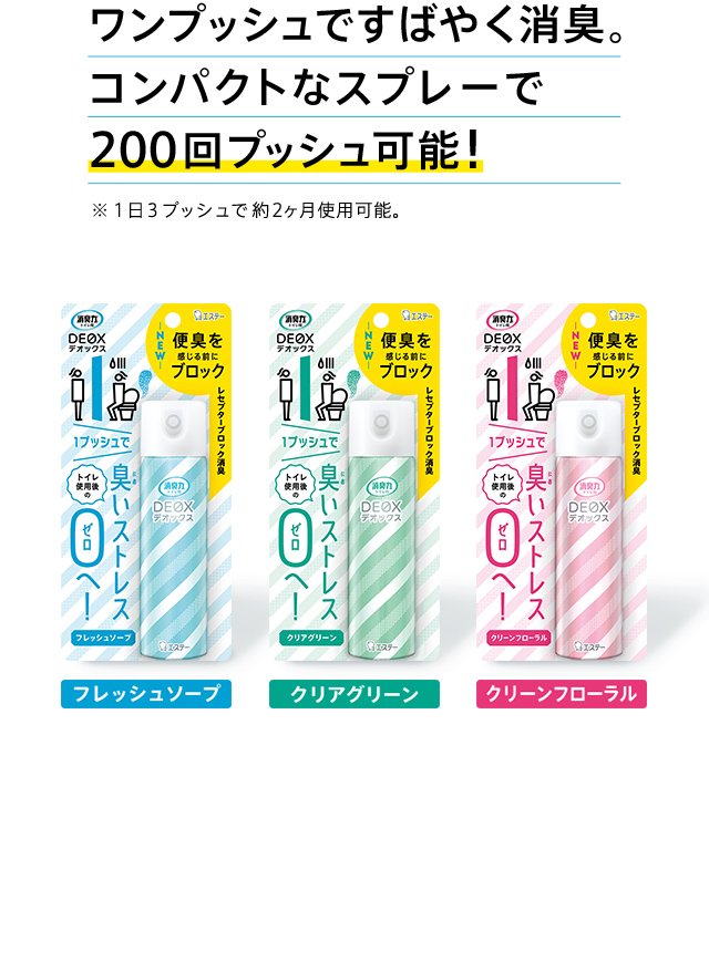 ワンプッシュですばやく消臭。コンパクトなスプレーで200回プッシュ可能！