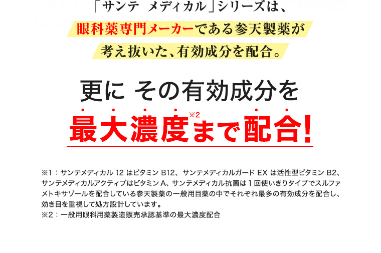 「サンテ メディカル」シリーズは眼科薬専門メーカーである参天製薬が考え抜いた、有効成分を配合。