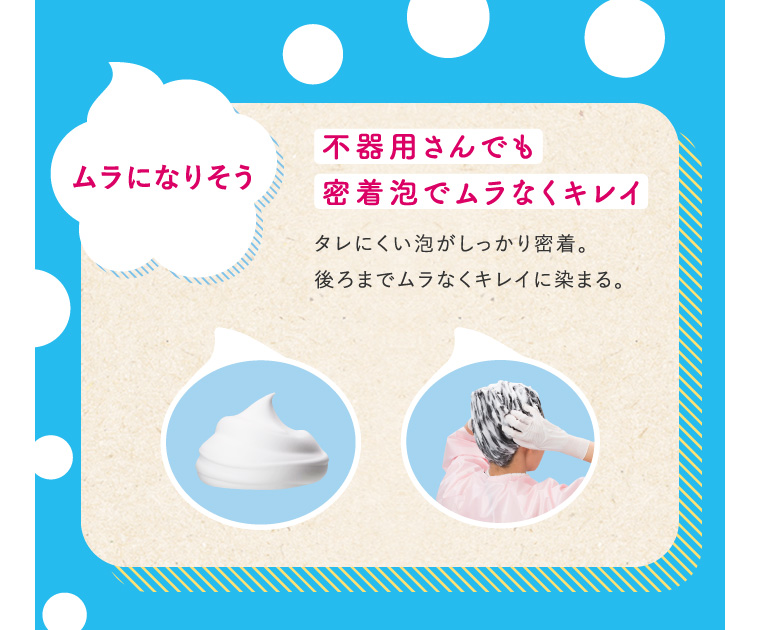 ムラになりそう 不器用さんでも密着泡でムラなくキレイ タレにくい泡がしっかり密着。後ろまでムラなくキレイに染まる。