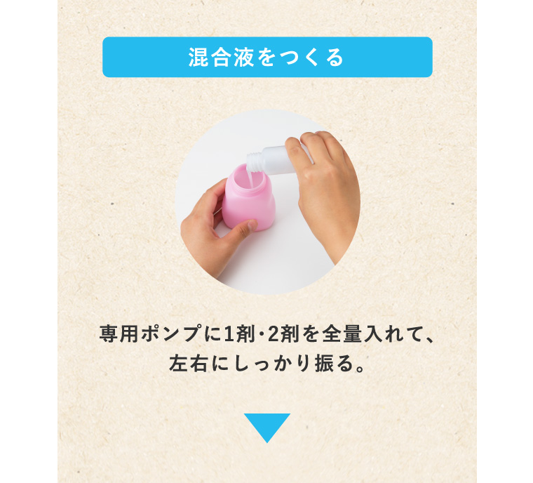 混合液をつくる 専用ポンプに1剤・2剤を全量入れて、左右にしっかり振る。