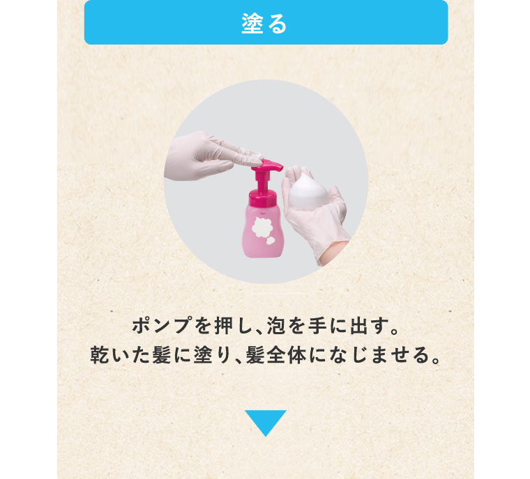 塗る ポンプを押し、泡を手に出す。乾いた髪に塗り、髪全体になじませる。