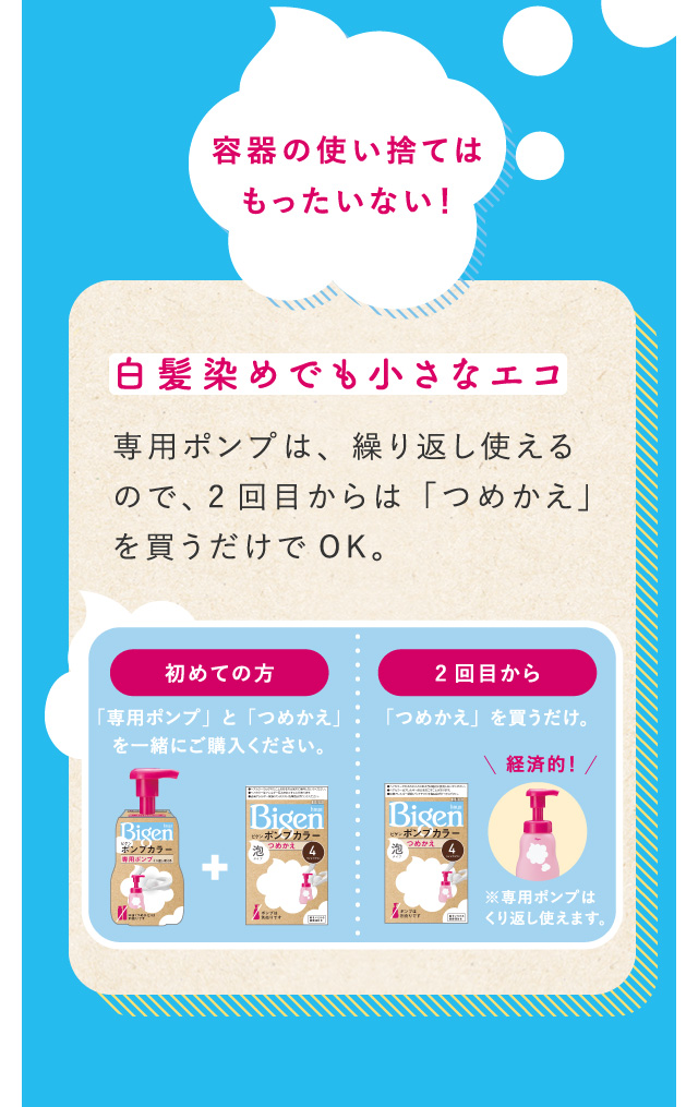 容器の使い捨てはもったいない！ 白髪染めでも小さなエコ 専用ポンプは、繰り返し使えるので、2回目からは「つめかえ」を買うだけでOK。