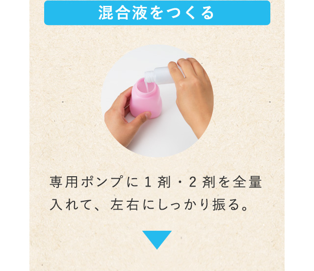 混合液をつくる 専用ポンプに1剤・2剤を全量入れて、左右にしっかり振る。