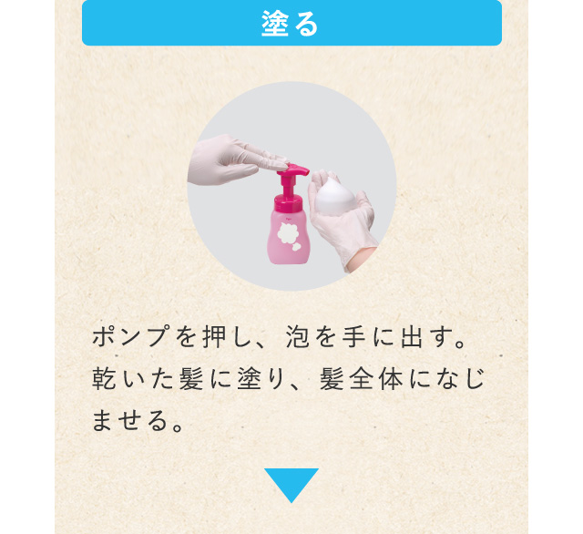 塗る ポンプを押し、泡を手に出す。乾いた髪に塗り、髪全体になじませる。