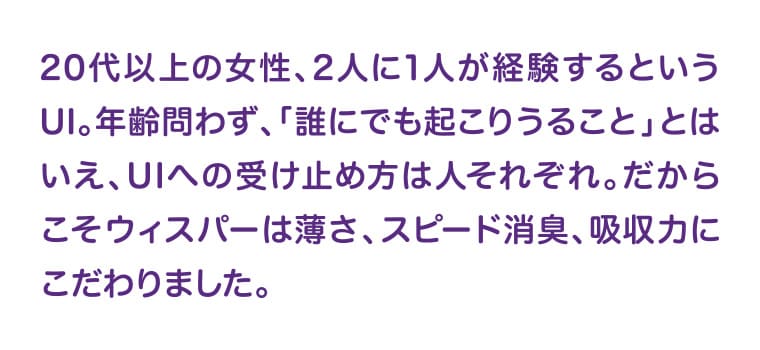 20代以上の女性、2人に1人が経験するというUI。年齢問わず、「誰にでも起こりうること」とはいえ、UIへの受け止め方は人それぞれ。だからこそウィスパーは薄さ、スピード消臭、吸収力にこだわりました。