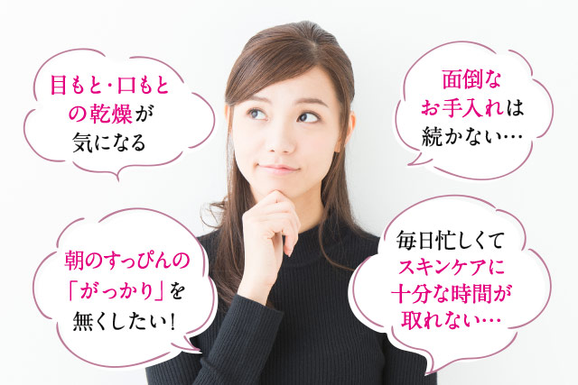 目もと・口もとの乾燥が気になる　面倒なお手入れは続かない…　朝のすっぴんの「がっかり」を無くしたい！　毎日忙しくてスキンケアに十分な時間が取れない…