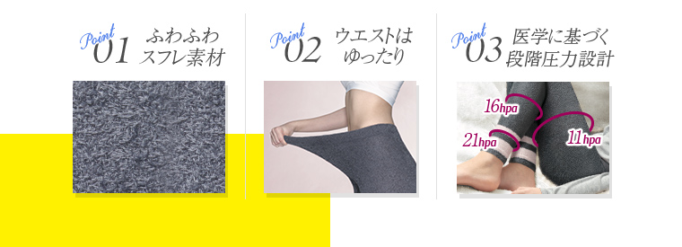 ふわふわスフレ素材 ウエストはゆったり 医学に基づく段階圧力設計