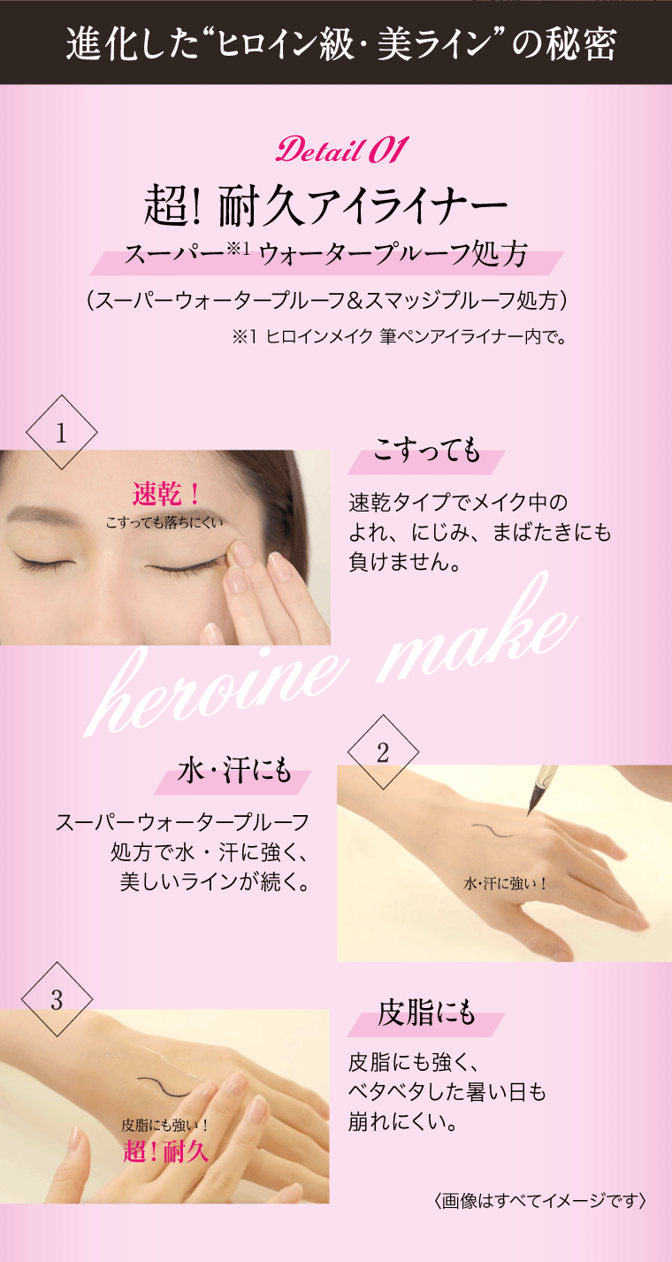 進化した“ヒロイン級・美ライン”の秘密：Detail01 超！ 耐久アイライナー 1:こすっても速乾タイプでメイク中のよれ、にじみ、まばたきにも負けません。2:水・汗にも スーパーウォータープルーフ	処方で水・汗に強く、美しいラインが続く。3:皮脂にも強く、ベタベタした暑い日も崩れにくい。