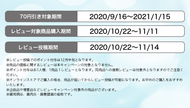 70円引き対象期間　2020/9/16～2021/1/15 レビュー対象商品購入期間 2020/10/22～11/11 レビュー投稿期間2020/10/22～11/14※レビュー投稿でのポイント付与は12月中旬となります。※商品の価格に関するレビューは本キャンペーンの対象となりません。※ポイント付与はお1人様、1商品１レビューとなります。同商品への複数レビューは対象外となりますのでご注意ください。※オンラインストアでご購入の場合、商品が届いてからレビュー投稿が可能になります。お早めのご購入をおすすめいたします。※企画品や増量品などレビューキャンペーン対象外の商品がございます。※歯周病は、歯肉炎・歯槽膿漏の総称です。