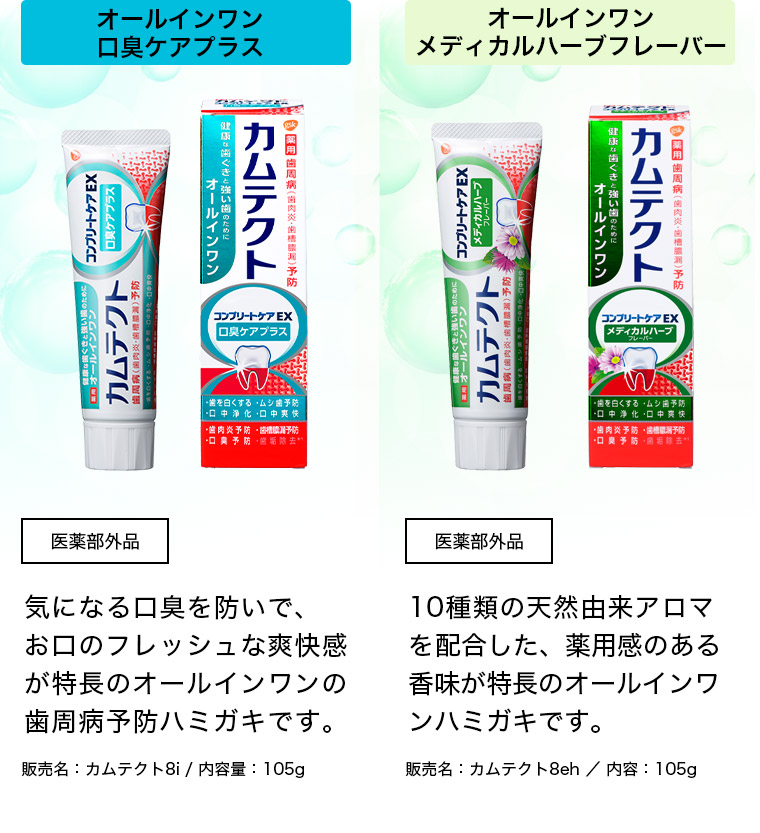 オールインワン口臭ケアプラス 医薬部外品 気になる口臭を防いで、お口のフレッシュな爽快感が特長のオールインワンの歯周病予防ハミガキです。販売名：カムテクト8i / 内容量：105gオールインワン 医薬部外品 10種類の天然由来アロマを配合した、薬用感のある香味が特長のオールインワンハミガキです。 販売名：カムテクト8e/内容：105g オールインワン 医薬部外品 健康な歯ぐきを保ち歯周病を予防、歯を強くしてムシ歯を予防する、オールインワンの歯周病予防ハミガキです。販売名：カムテクト8e/内容：105g