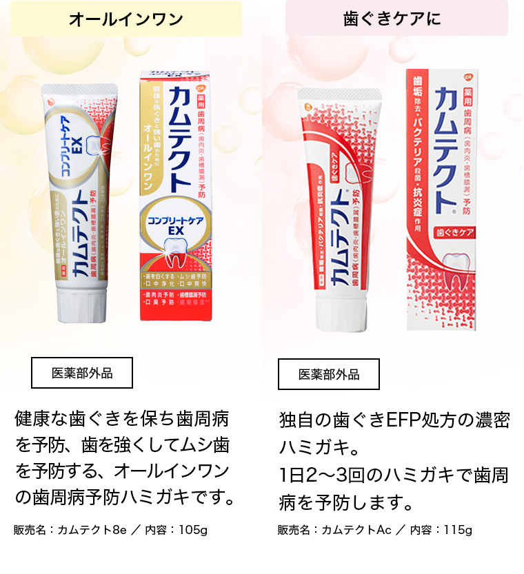 オールインワン 医薬部外品 健康な歯ぐきを保ち歯周病を予防、歯を強くしてムシ歯を予防する、オールインワンの歯周病予防ハミガキです。販売名：カムテクト8e/内容：105g 独自の歯ぐきEFP処方の濃密ハミガキ。１日2〜3回のハミガキで歯周病を予防します。 販売名：カムテクトAc/内容：115g