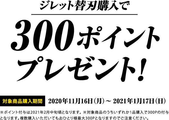 キャンペーン３ ジレット替刃購入で 300ポイントプレゼント 対象商品購入期間 2020年11月16日（月）～2021年1月17日（日） ※ポイント付与は2021年2月中旬頃となります。 ※対象商品のうちいずれか1品購入で300Pの付与となります。複数購入いただいてもおひとり様最大300Pとなりますのでご注意ください。