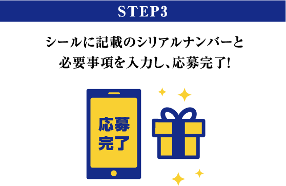 STEP3 シールに記載のシリアルナンバーと必要事項を入力し、応募完了！