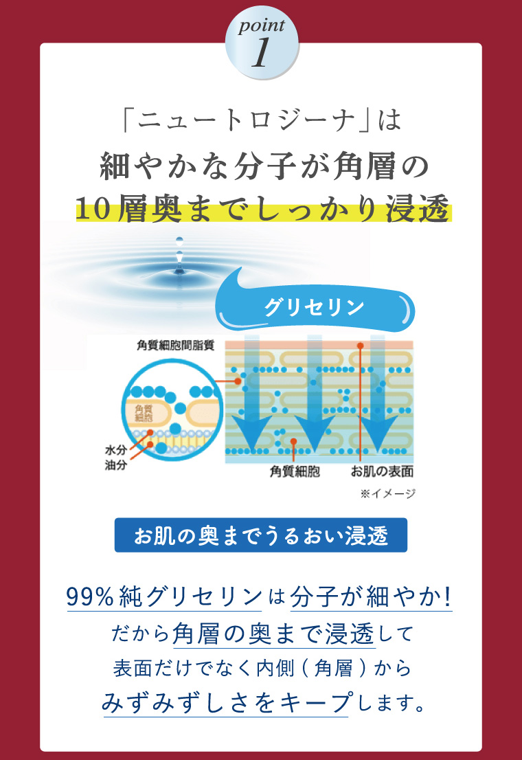 【ポイント1】「ニュートロジーナ」は細やかな分子が角層の10層奥までしっかり浸透