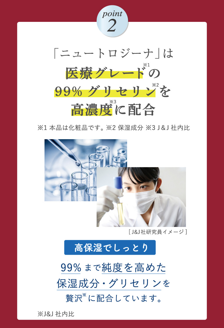 【ポイント2】「ニュートロジーナ」は医療グレードの99％グリセリンを高濃度に配合