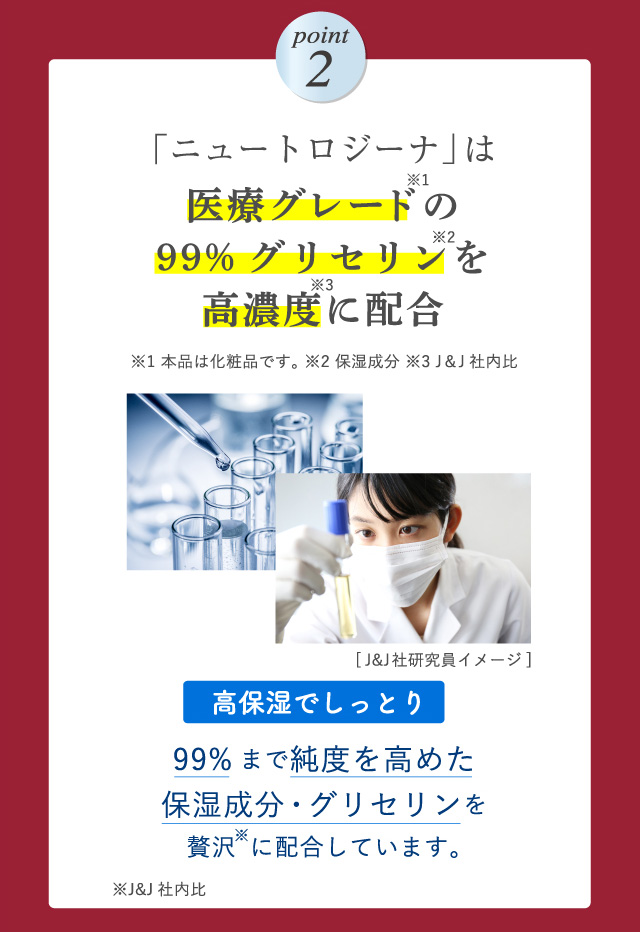 【ポイント2】「ニュートロジーナ」は医療グレードの99％グリセリンを高濃度に配合