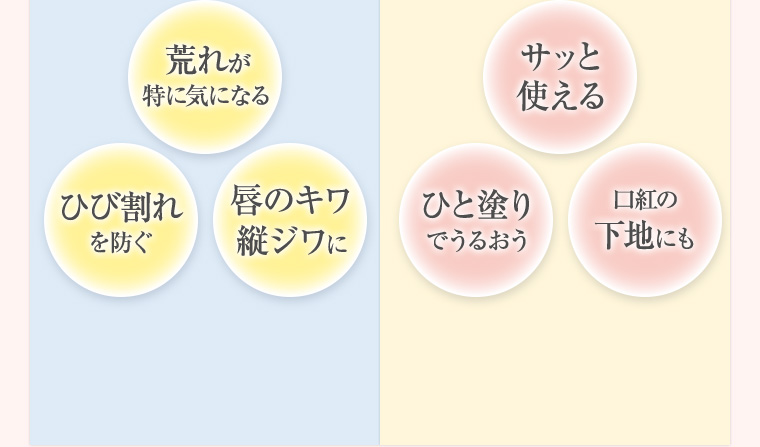 荒れが特に気になる ひび割れを防ぐ 唇のキワ縦ジワに サッと使える ひと塗りでうるおう 口紅の下地にも