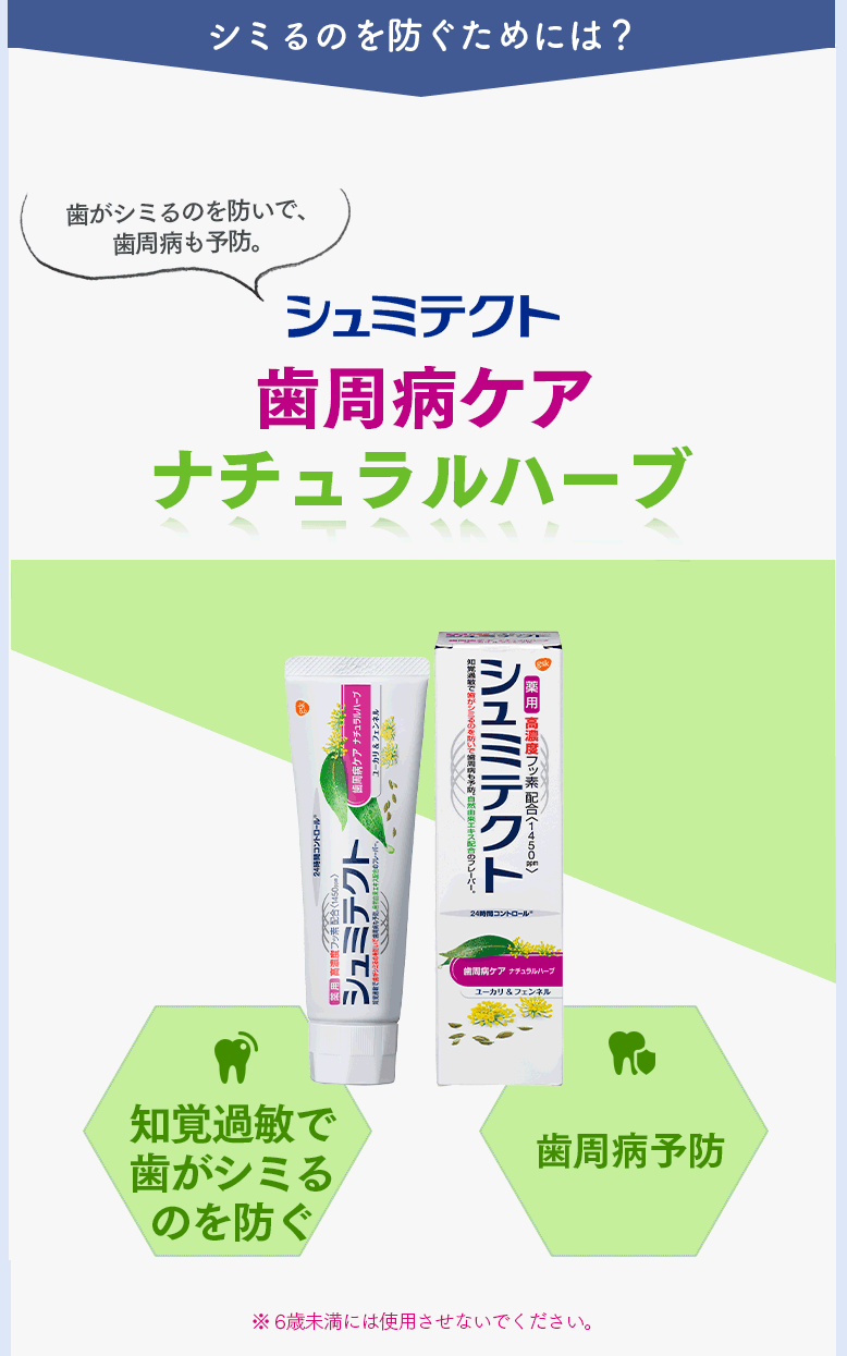 シミるのを防ぐためには？ 歯がシミるのを防いで、歯周病も予防。  シュミテクト 歯周病ケアナチュラルハーブ 自然由来エキス配合のフレーバー。 知覚過敏で歯がシミるのを防ぐ歯周病予防 ※ 6歳未満には使用させないでください。
