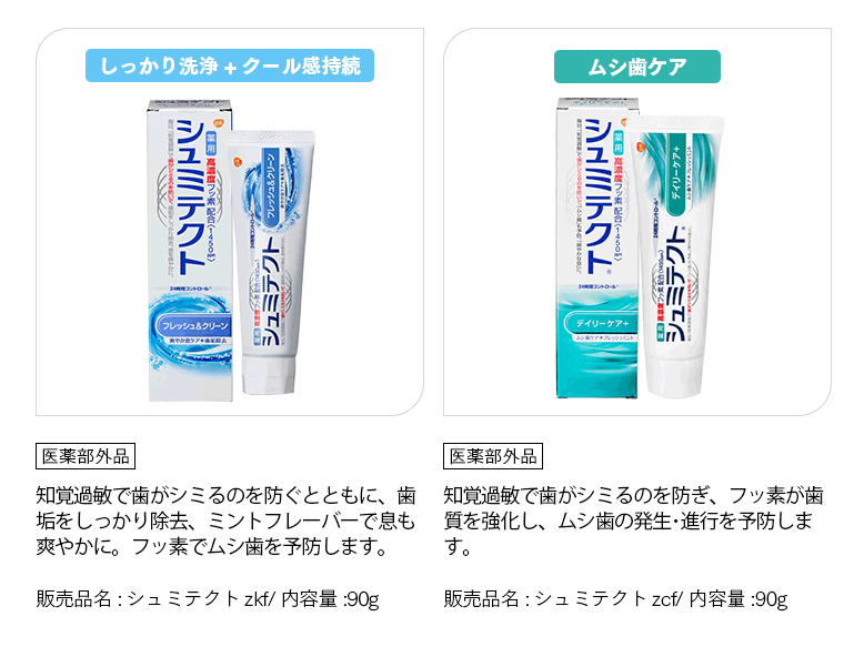 「しっかり洗浄+クール感持続」 医薬部外品 知覚過敏で歯がシミるのを防ぐとともに、歯垢をしっかり除去、ミントフレーバーで息も爽やかに。フッ素でムシ歯を予防します。 販売品名:シュミテクトzkf/ 内容量:90g「ムシ歯ケア」 医薬部外品 知覚過敏で歯がシミるのを防ぎ、フッ素が歯質を強化し、ムシ歯の発生･進行を予防します。 販売品名:シュミテクトzcf/ 内容量:90g