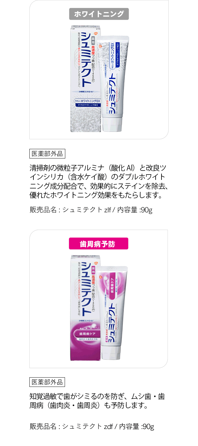 「ホワイトニング」 医薬部外品 清掃剤の微粒子アルミナ（酸化Al）と改良ツインシリカ（含水ケイ酸）のダブルホワイトニング成分配合で、効果的にステインを除去、優れたホワイトニング効果をもたらします。 販売品名:シュミテクトzlf / 内容量:90g 「歯周病予防」 医薬部外品 知覚過敏で歯がシミるのを防ぎ、ムシ歯・歯周病（歯肉炎・歯周炎）も予防します。 販売品名:シュミテクトzdf / 内容量:90g