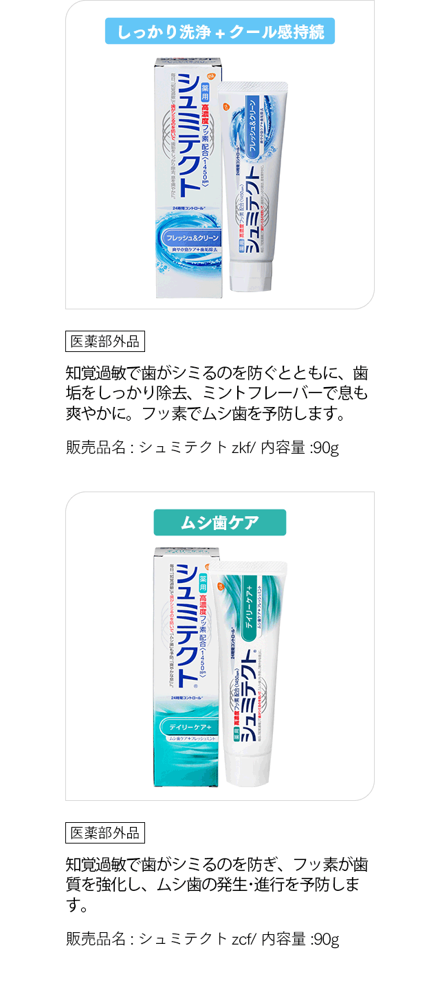 「しっかり洗浄+クール感持続」 医薬部外品 知覚過敏で歯がシミるのを防ぐとともに、歯垢をしっかり除去、ミントフレーバーで息も爽やかに。フッ素でムシ歯を予防します。 販売品名:シュミテクトzkf/ 内容量:90g「ムシ歯ケア」 医薬部外品 知覚過敏で歯がシミるのを防ぎ、フッ素が歯質を強化し、ムシ歯の発生･進行を予防します。 販売品名:シュミテクトzcf/ 内容量:90g