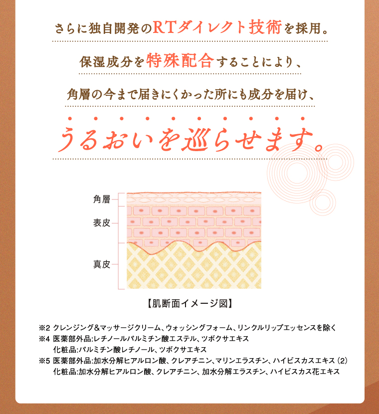 さらに独自開発のRTダイレクト技術を採用。保湿成分を特殊配合することにより、角層の今まで届きにくかった所にも成分を届け、うるおいを巡らせます。