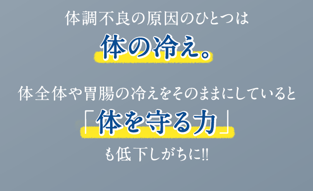 体調不良の原因のひとつは体の冷え。体全体や胃腸の冷えをそのままにしていると「体を守る力」も低下しがちに！！