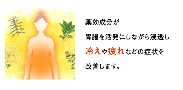 薬効成分が胃腸を活発にしながら浸透し冷えや疲れなどの症状を改善します。