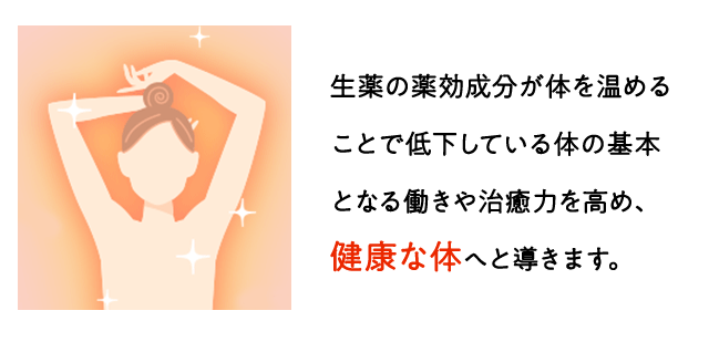 生薬の薬効成分が体を温めることで低下している体の基本となる働きや治癒力を高め、健康な体へと導きます。