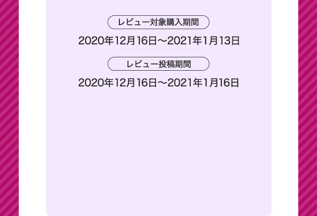レビュー対象購入期間 2020年12月16日〜2021年1月13日 レビュー投稿期間 2020年12月16日〜2021年1月16日