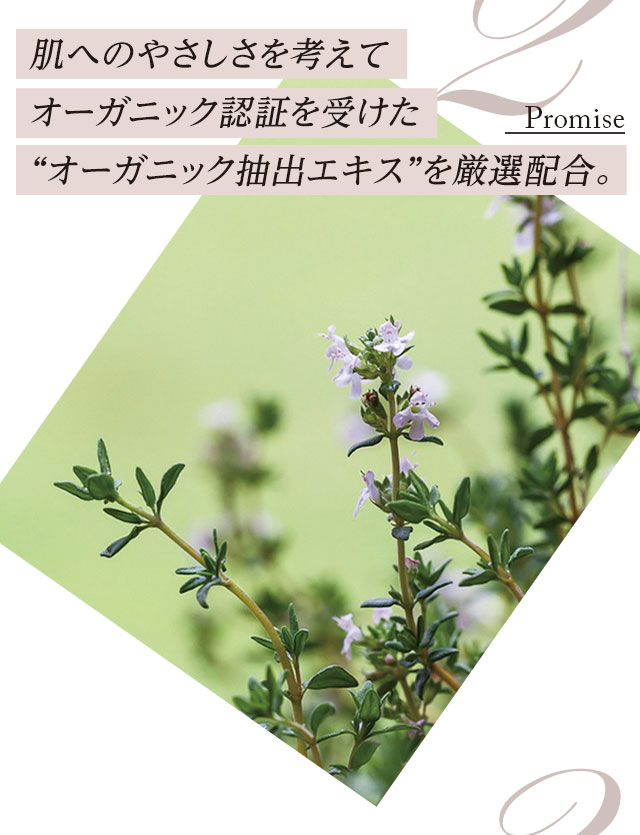 2.肌へのやさしさを考えてオーガニック認証を受けたオーガニック抽出エキスを厳選配合。