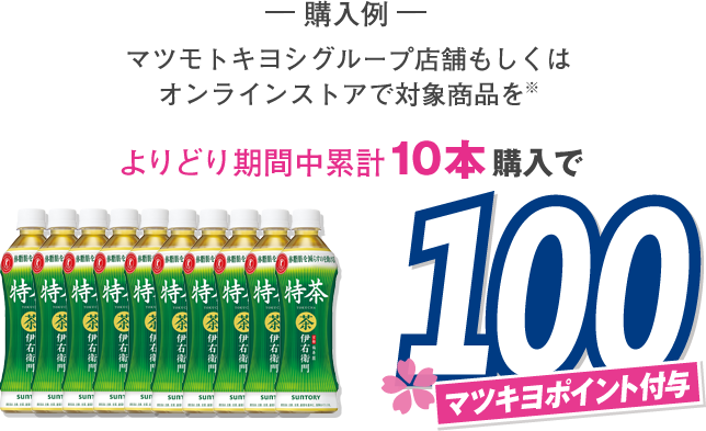 購入例 マツモトキヨシグループ店舗もしくはオンラインストアで対象商品をよりどり期間中累計10本購入で100マツキヨポイント付与