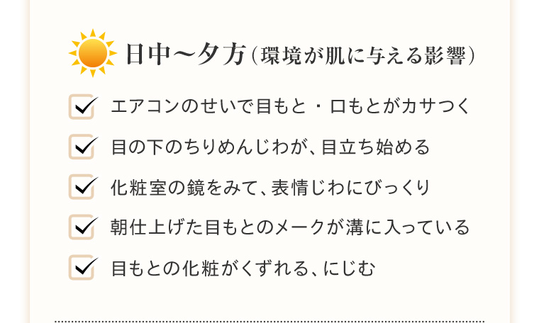 日中〜夕方（環境が肌に与える影響） エアコンのせいで目もと・口もとがカサつく 目の下のちりめんじわが、目立ち始める 化粧室の鏡をみて、表情じわにびっくり 朝仕上げた目もとのメークが溝に入っている 目もとの化粧がくずれる、にじむ