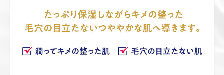 たっぷり保湿しながらキメの整った毛穴の目立たないつややかな肌へ導きます。